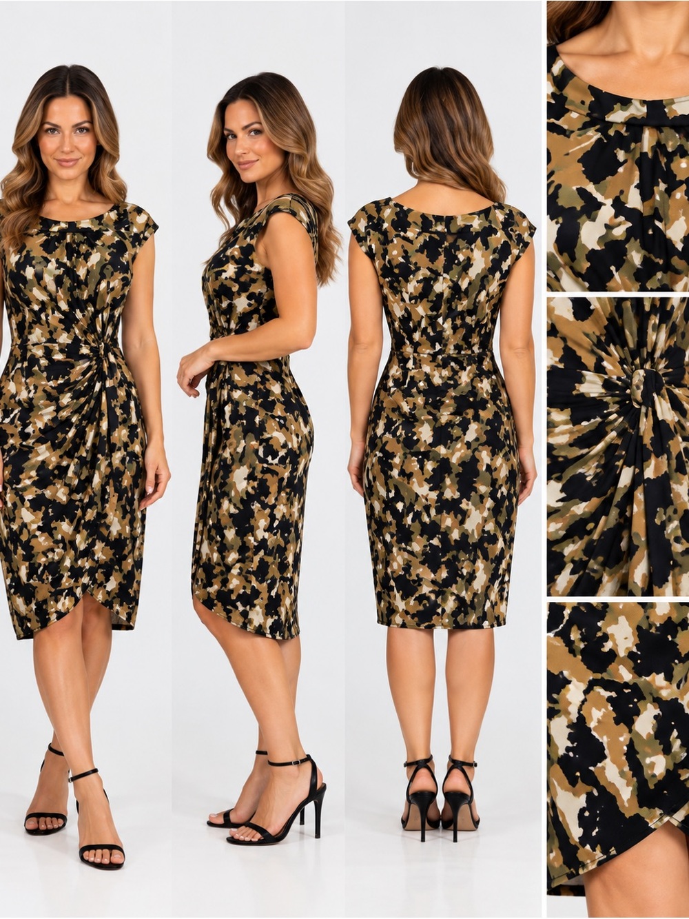 Calvin Klein Black and Tan Abstract Print Midi Dress